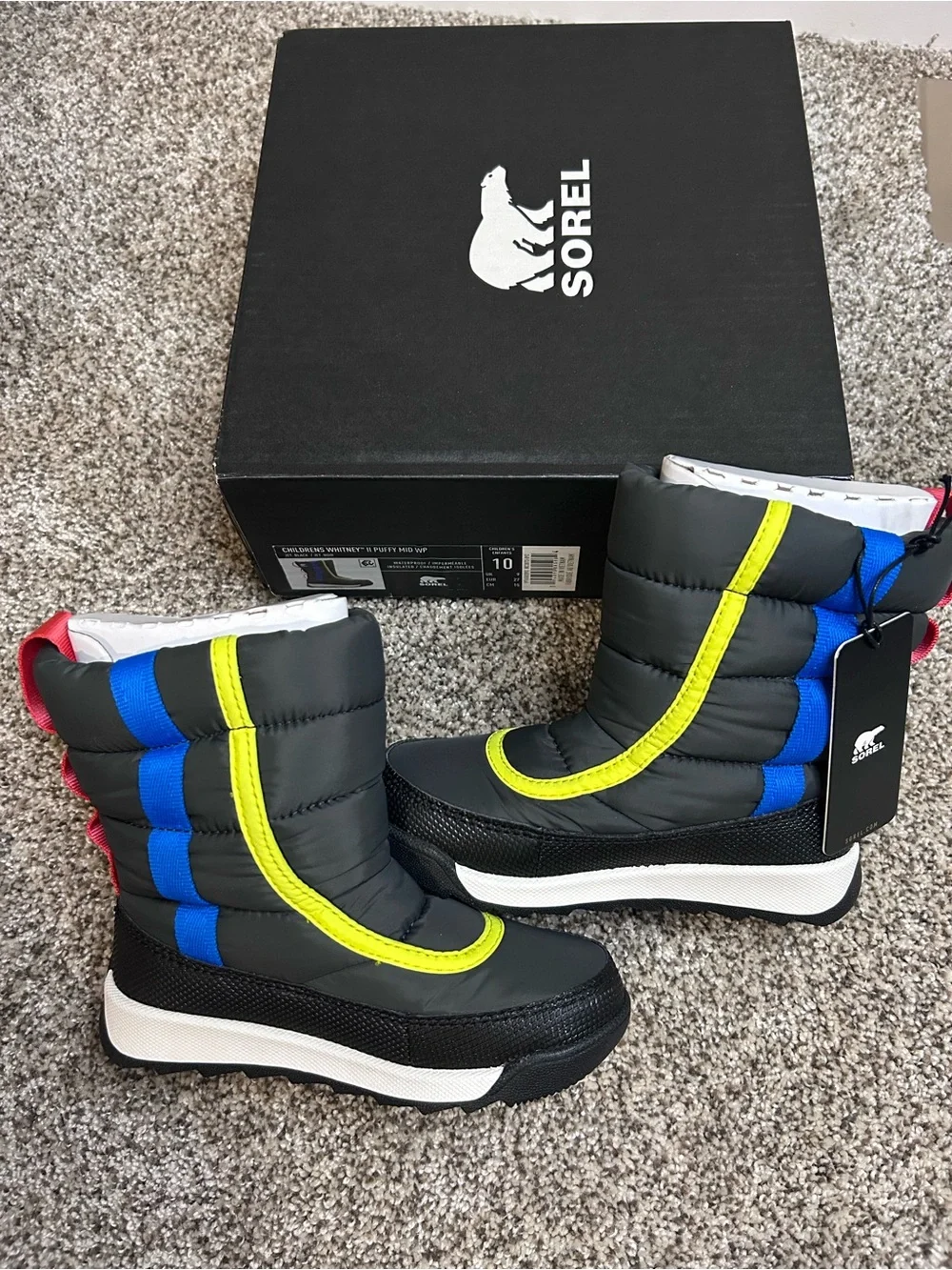 NEW Sorel Whitney II Puffy Mid Winter Boots Black/Multi Size 10 Toddler